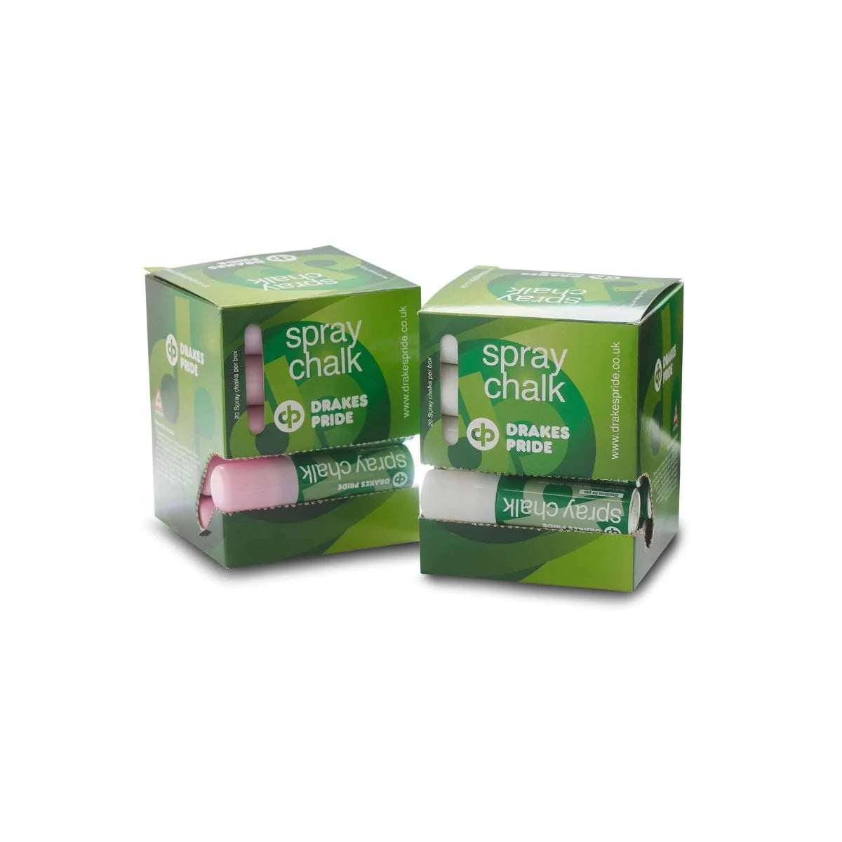 Drakes Pride Bowls Spray Chalk in white and lilac, compact can for easy marking during lawn bowls games.