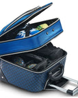Drakes Pride Horizon Locker Trolley Bag, easy-roll design with storage, in silver, teal, or royal blue.