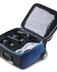 Drakes Pride Low Roller Trolley Bag, smooth-glide wheels, comes in aqua, cerise, royal blue, and silver.