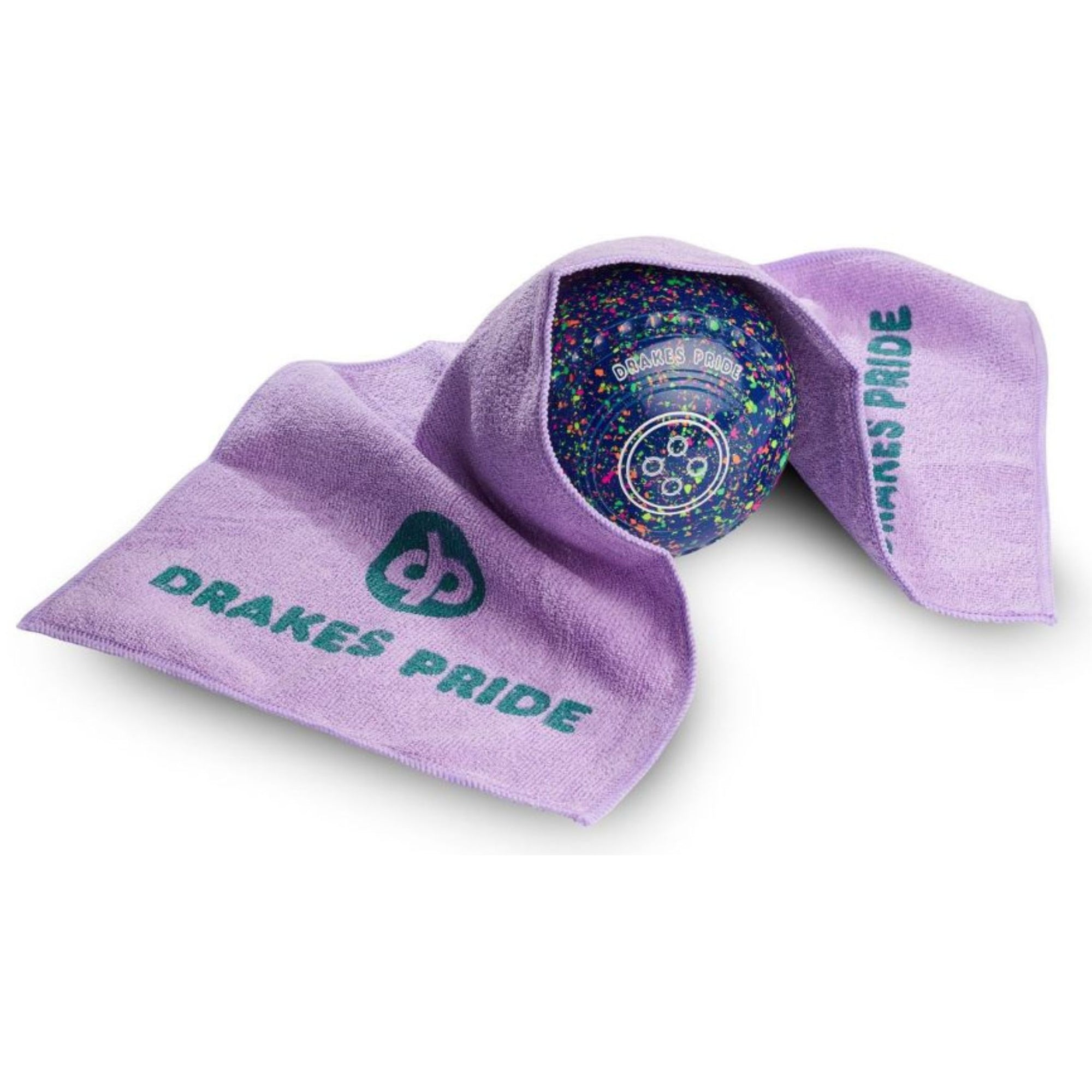 Drakes Pride Microfibre Bowls Towel,  green, yellow, and purple, for polishing bowls.