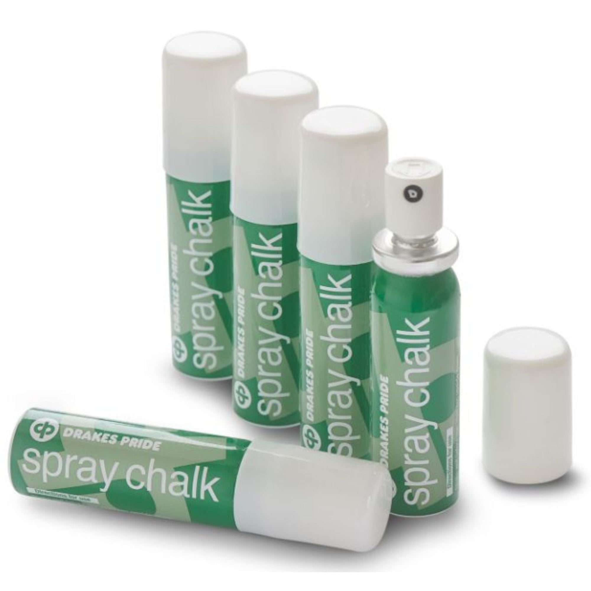 Drakes Pride Spray Chalk for lawn bowls, Green can with white cap, used for scoring marks.