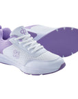Drakes Pride Ladies Flora Bowls Shoe, comfortable white shoe with lilac detail for lawn bowls.