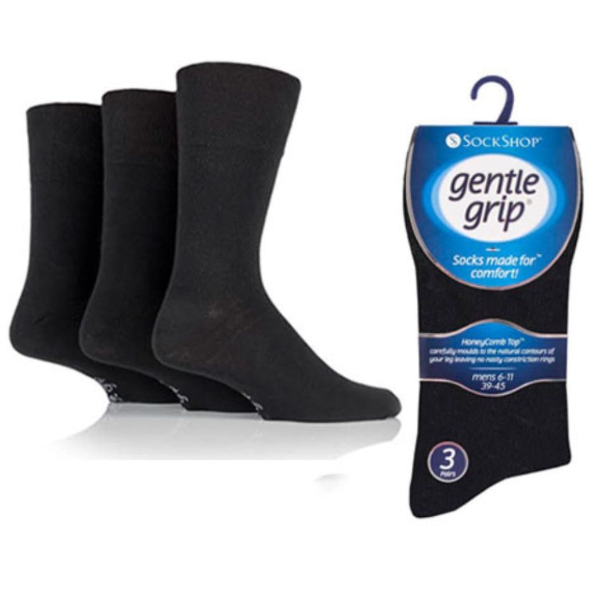 Gentle Grip socks 3 pack in black, white, and grey with cushioned soles and anti-slip grip.