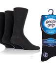 Gentle Grip socks 3 pack in black, white, and grey with cushioned soles and anti-slip grip.