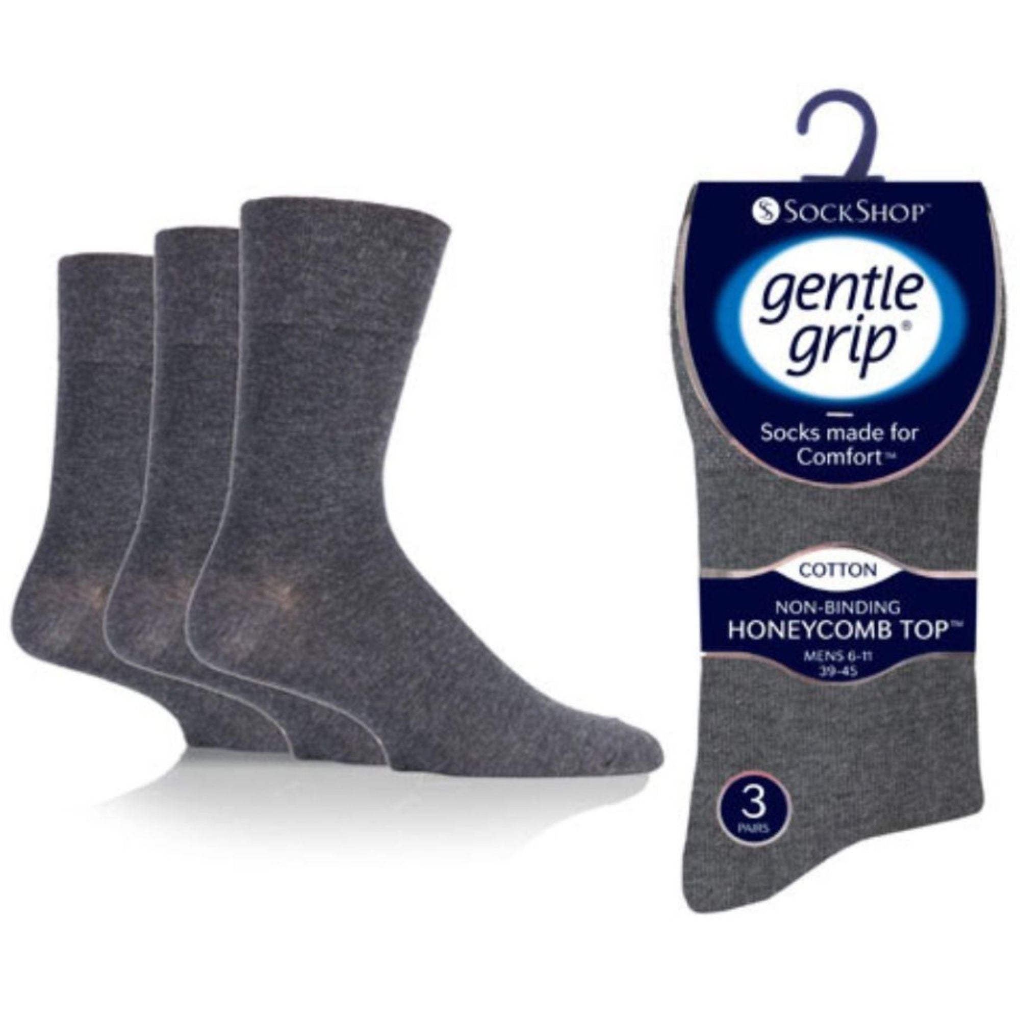 Gentle Grip socks 3 pack in black, white, and grey, non-slip soles for secure footing.