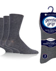 Gentle Grip socks 3 pack in black, white, and grey, non-slip soles for secure footing.