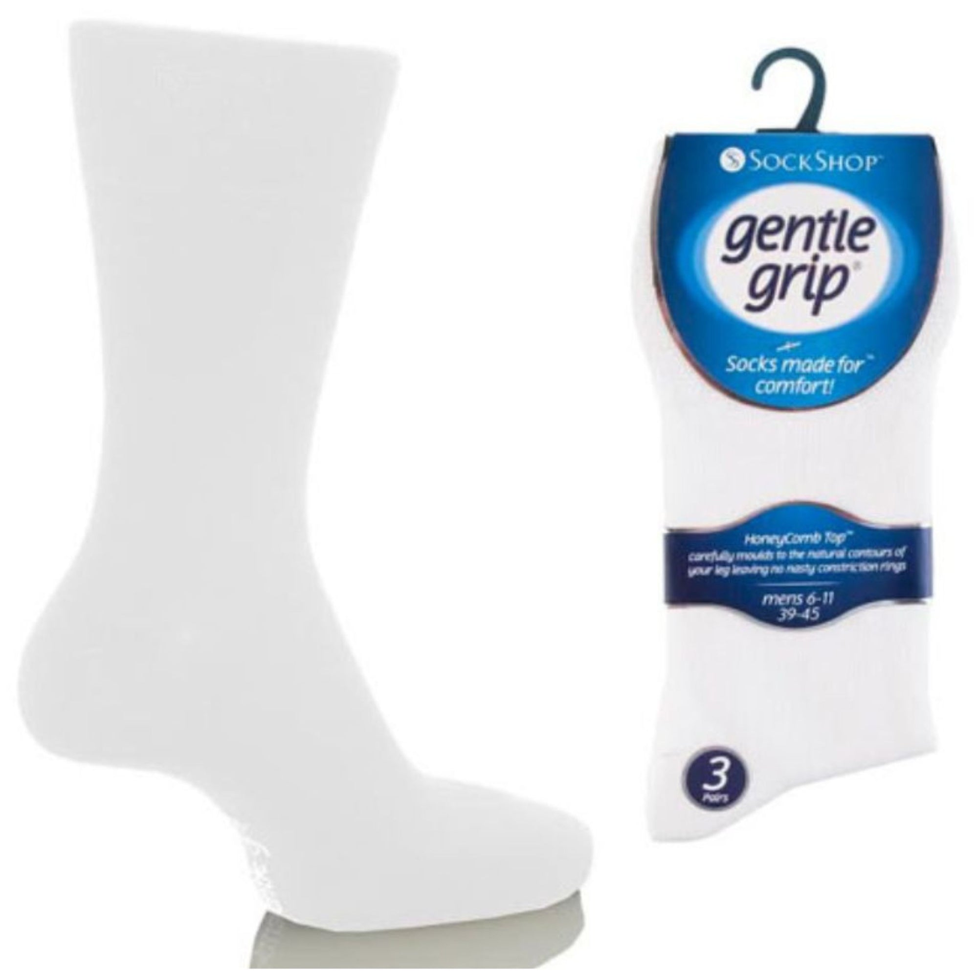 Gentle Grip socks 3 pack in black, white, and grey, designed for comfort and slip resistance.
