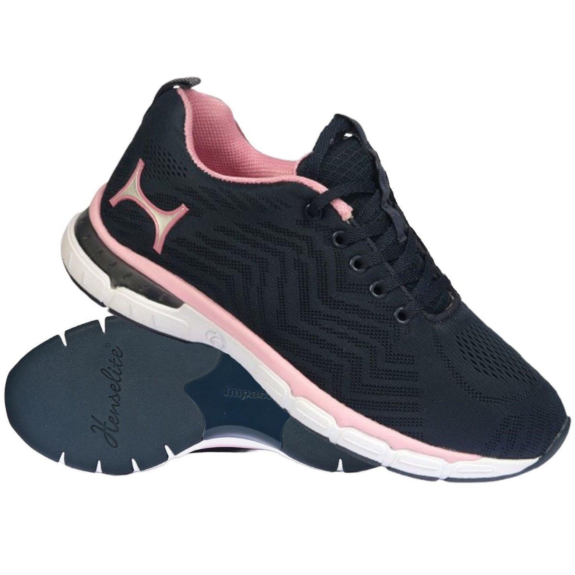 Henselite Ladies Impact L510 bowls shoe in black or navy/pink with cushioned sole and breathable mesh.