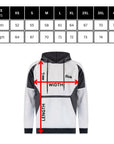 Hoodie with size chart and measurement labels on a white background