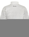 White Henselite padded lightweight bowls jacket with front zipper and quilted padding.