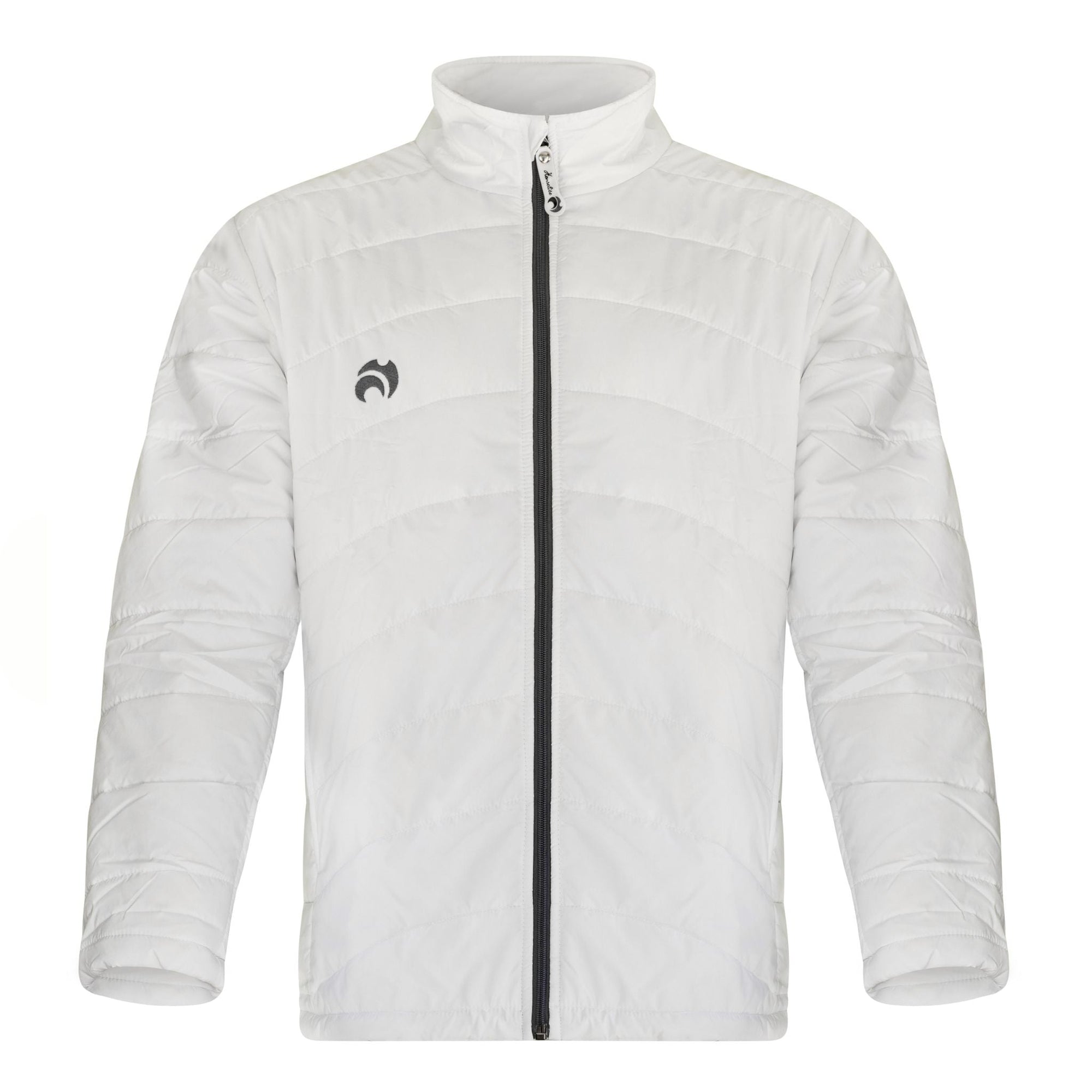 Henselite lightweight padded bowls jacket in white with zip front and quilted design.