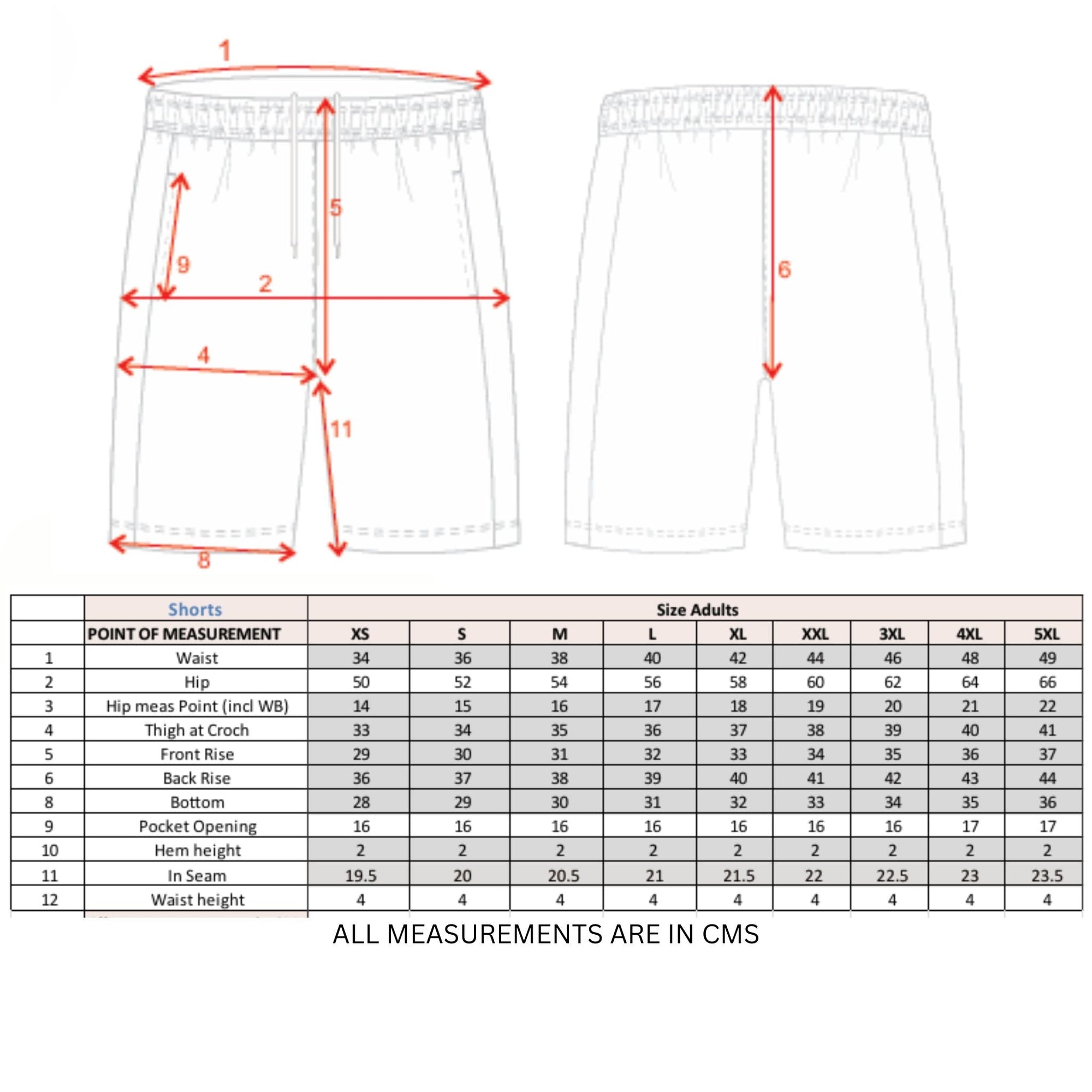 Measurement chart for shorts with dimensions and size chart on a white background