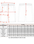 Measurement chart for shorts with dimensions and size chart on a white background