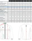 Measurement chart for a jacket with size chart and diagram on a white background