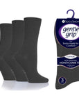Gentle Grip socks 3 pack in black, white, and grey with soft fabric and non-slip grips on soles.