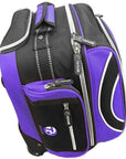 Compact Taylor Bowls Trolley Bag available in red, blue, purple, and lime with wheels.