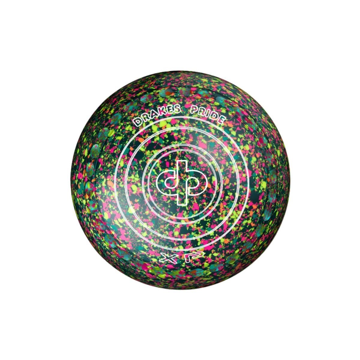 Set of Drakes Pride XP coloured bowls with textured grip, ideal for lawn bowling games.