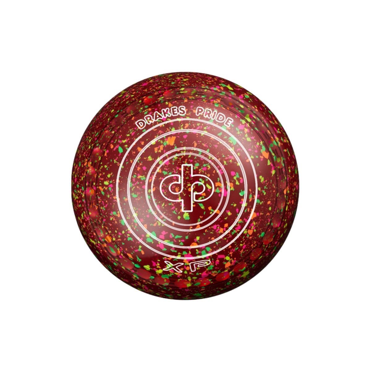 Drakes Pride XP coloured lawn bowls, vibrant finish with engraved grip rings.