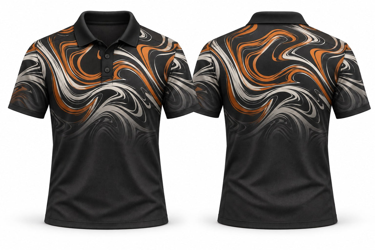 Noble three-button custom club polo shirt, front and rear views