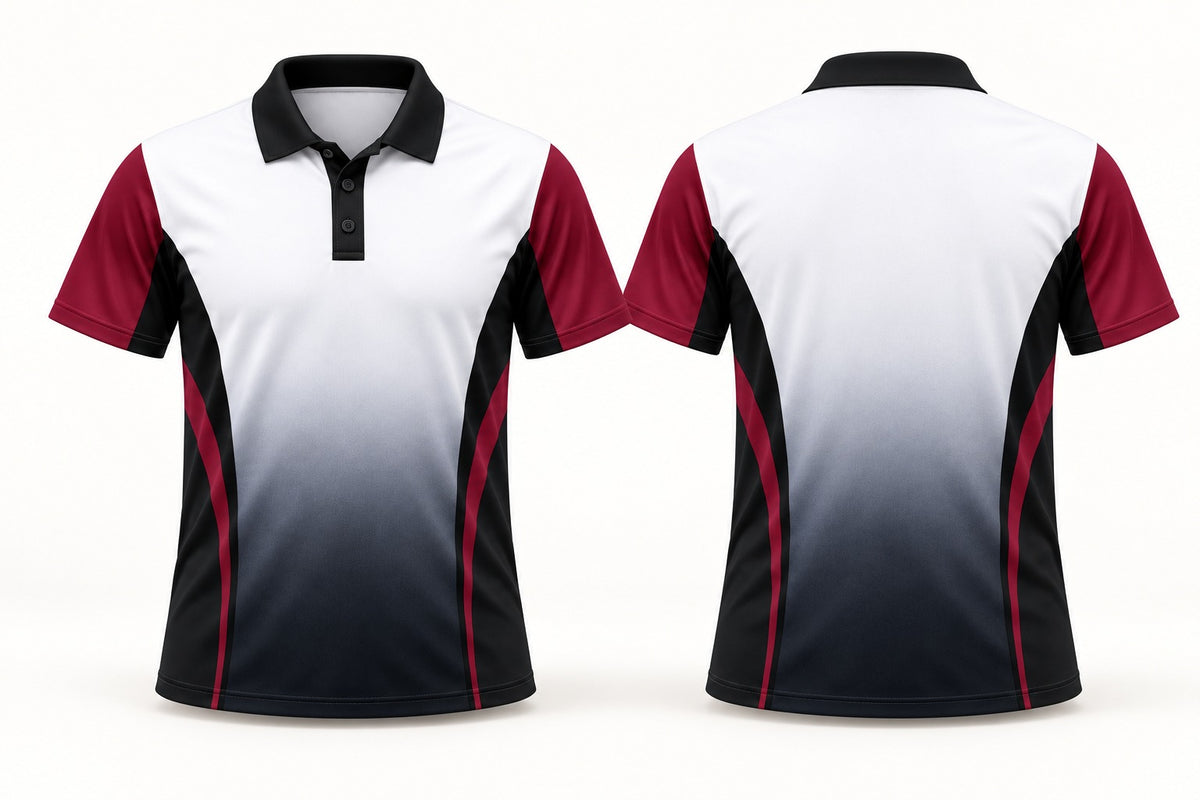 Prestige three-button custom club polo shirt, front and back studio mockup