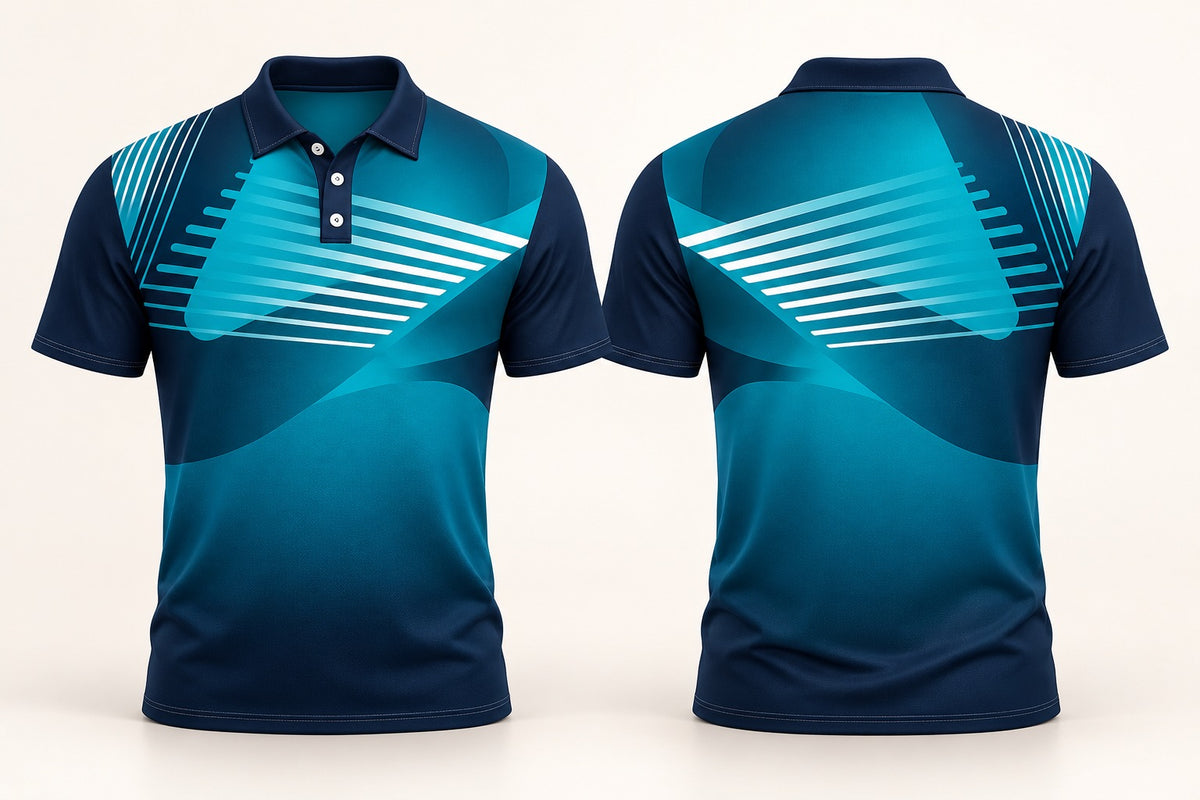 Valor three-button custom club polo shirt, front and back studio mockup