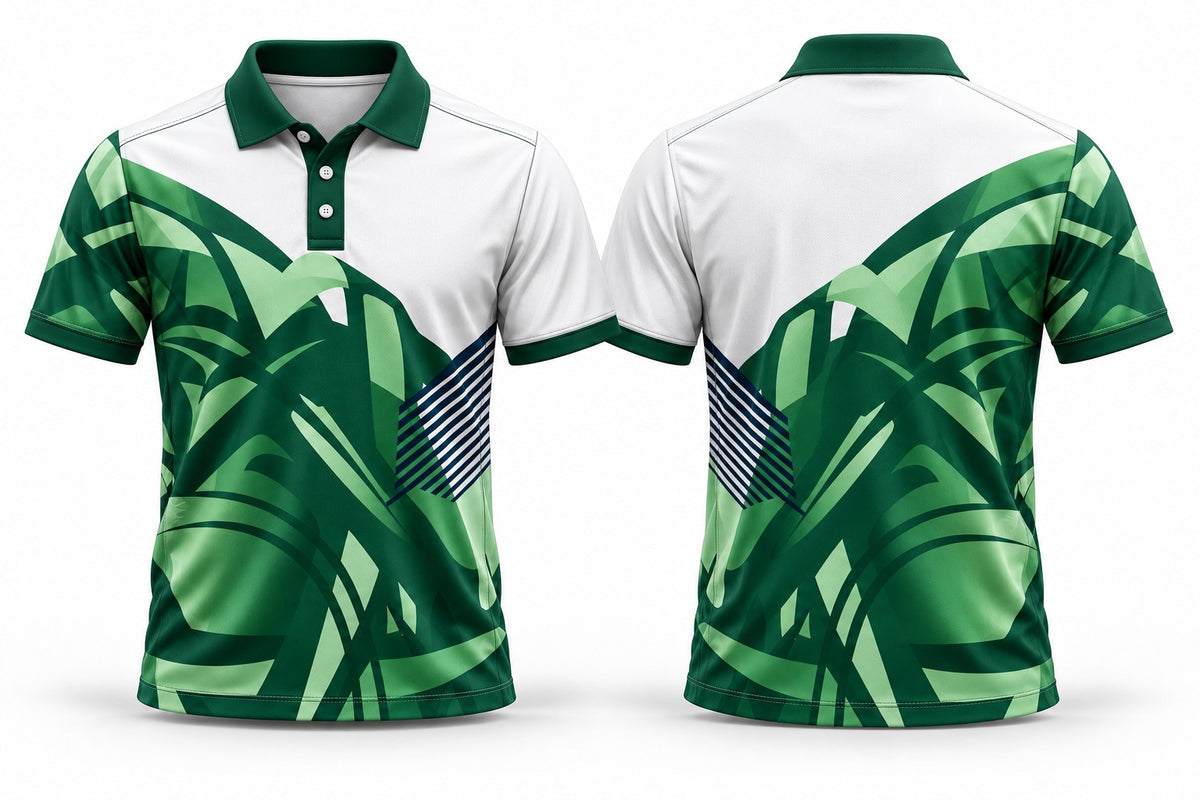 Vanguard three-button custom club polo shirt, front and rear views