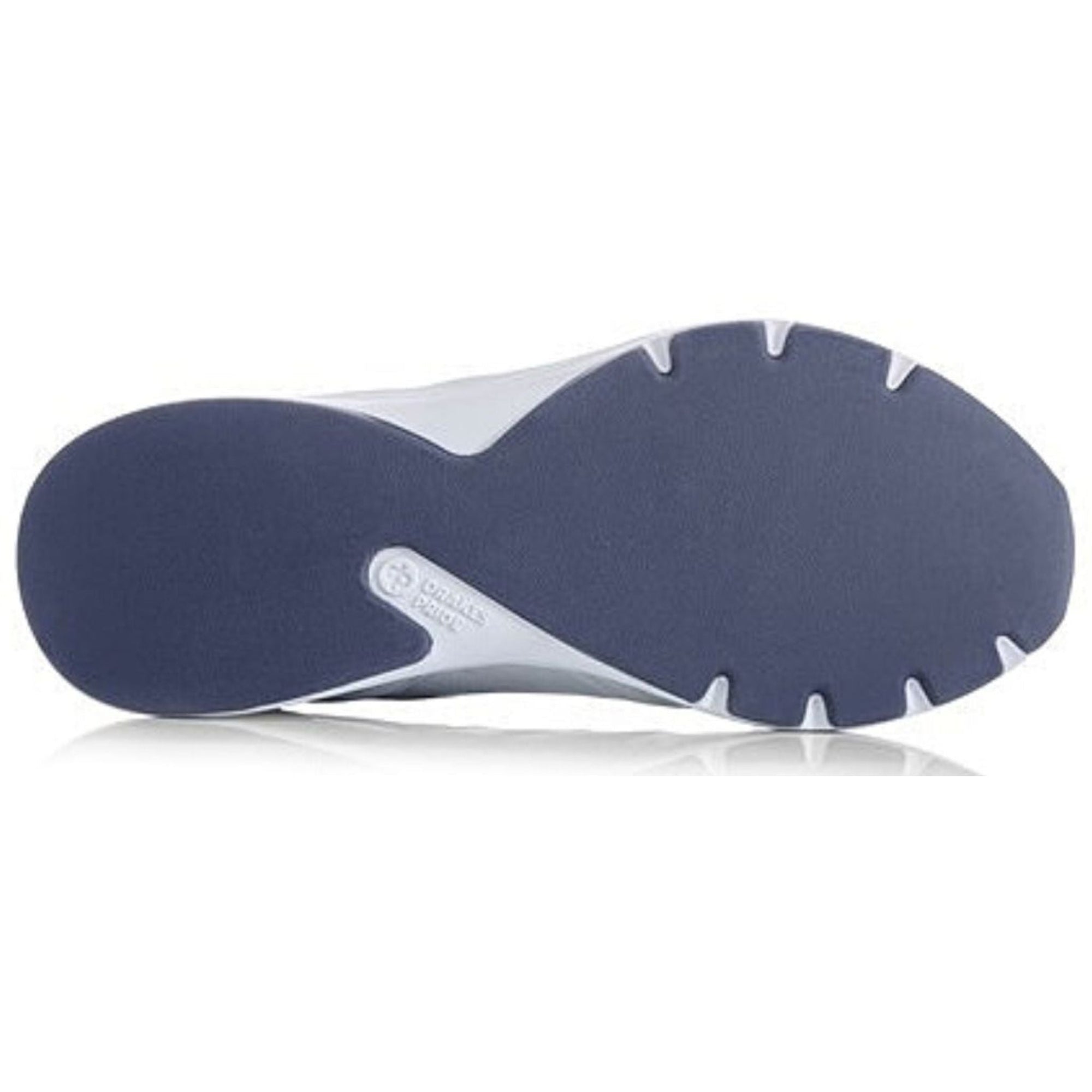 Navy blue and white lawn bowls shoe sole on a white background