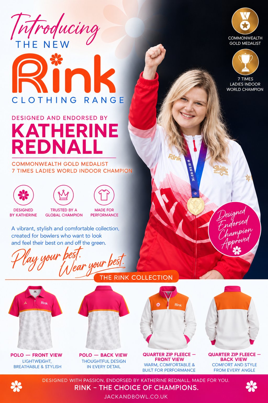Rink Katherine Rednall collection advert with Katherine's approved medal photo, polo and quarter zip fleece