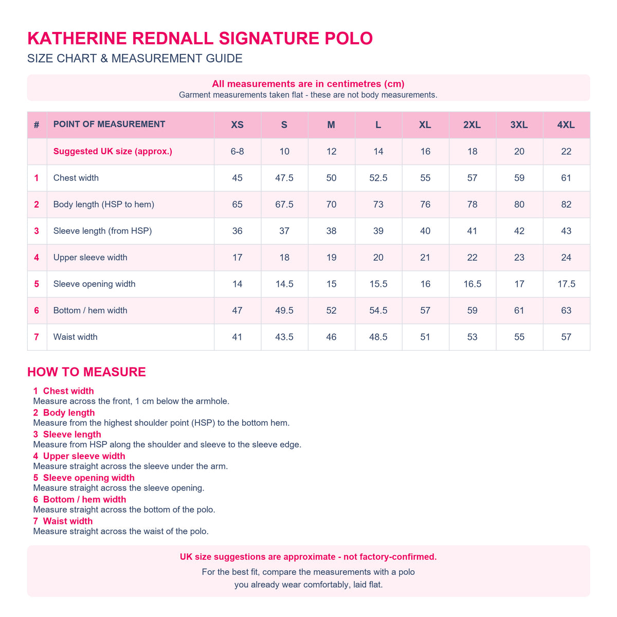 Katherine Rednall Signature Polo size chart with approximate UK ladies sizes 6-22 and XS-4XL garment measurements