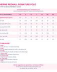 Katherine Rednall Signature Polo size chart with approximate UK ladies sizes 6-22 and XS-4XL garment measurements