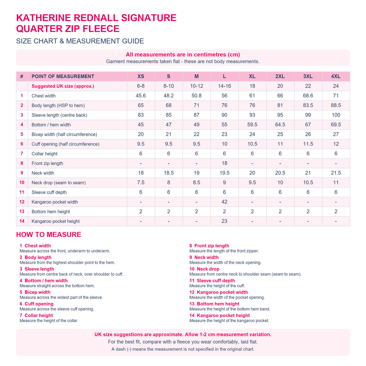 Katherine Rednall Signature Quarter Zip Fleece size chart with XS-4XL garment measurements and approximate UK ladies sizes