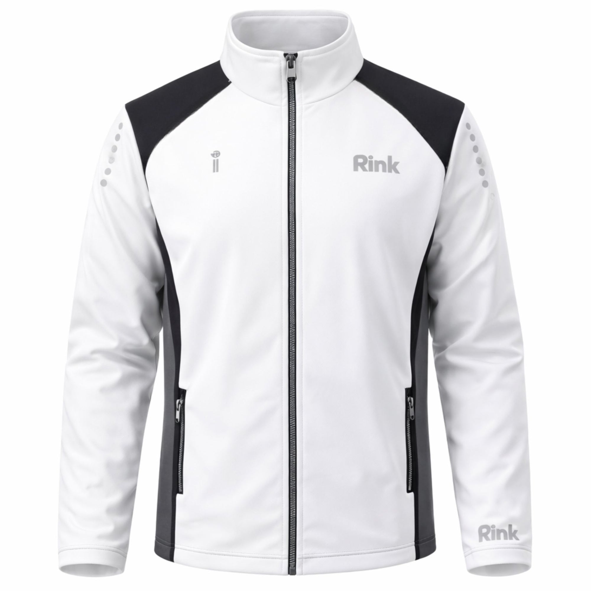 White lawn bowls jacket with black accents and 'Rink' branding on a white background