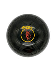 Black Henselite Second hand lawn bowl with yellow text and logo on a white background