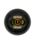 Black Second hand Henselite lawn bowl with yellow text and logo on a white background