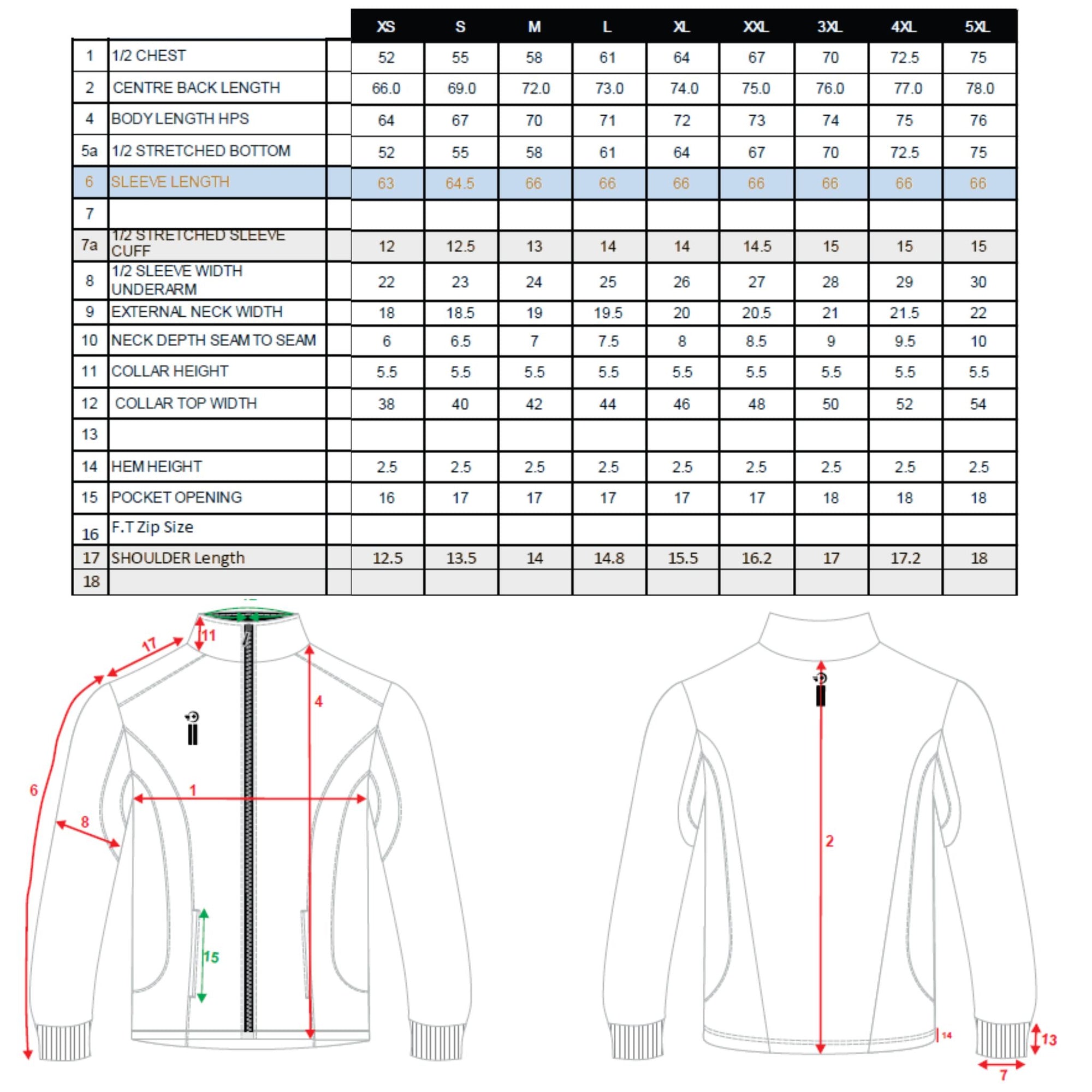 Measurement chart for a jacket with size chart and diagram on a white background