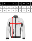 White jacket with measurement labels and a size chart on a white background