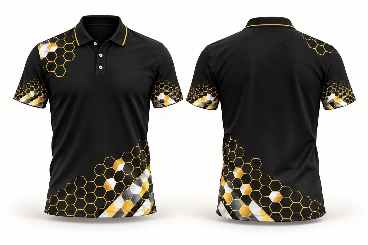 Crown three-button custom club polo shirt, front and back studio mockup