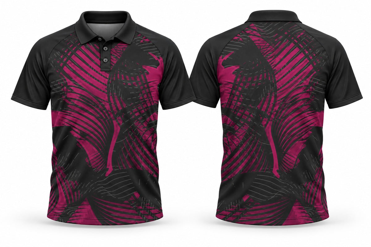Dominion three-button custom club polo shirt, front and rear views
