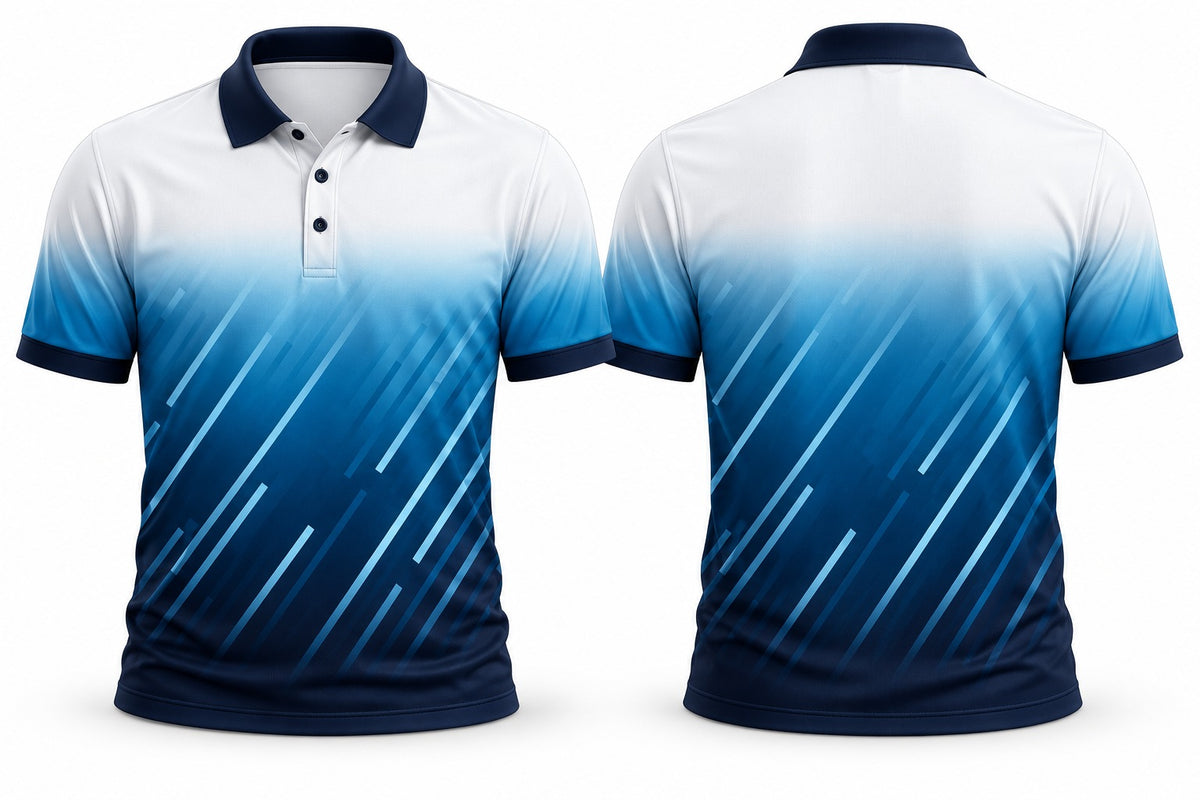 Summit three-button custom club polo shirt, front and back studio mockup