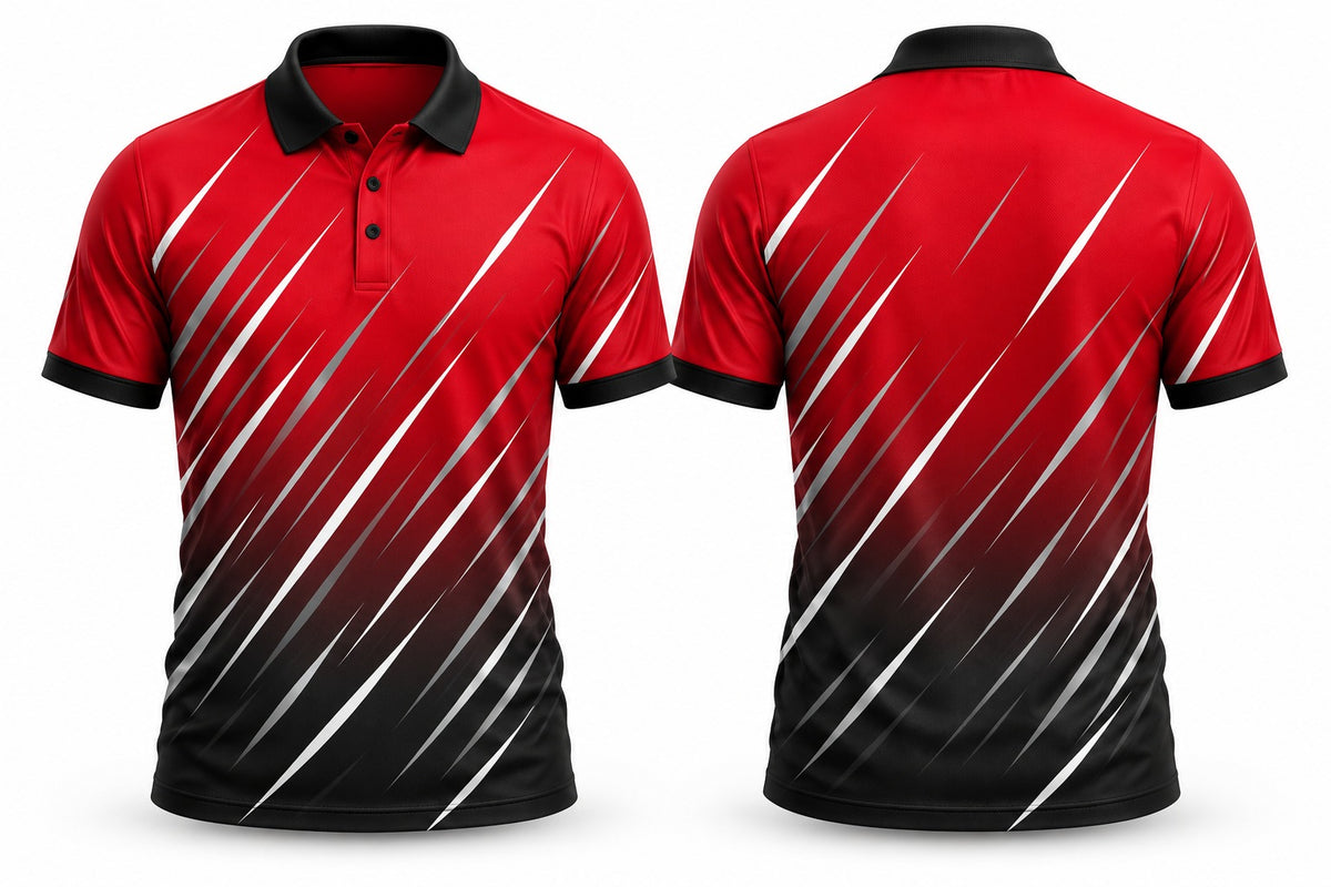 Triumph three-button custom club polo shirt, front and back studio mockup