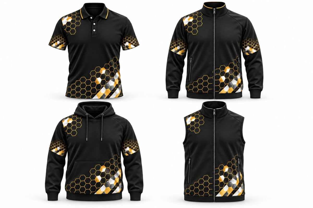 Crown black, gold and white design shown across a three-button polo, zip-up jacket, hoodie and gilet