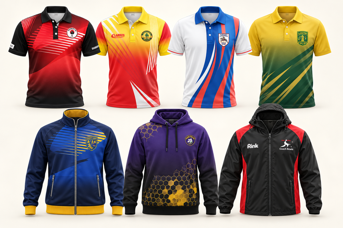 Design mock-ups of custom bowls club polos, jackets, a hoodie and rainwear